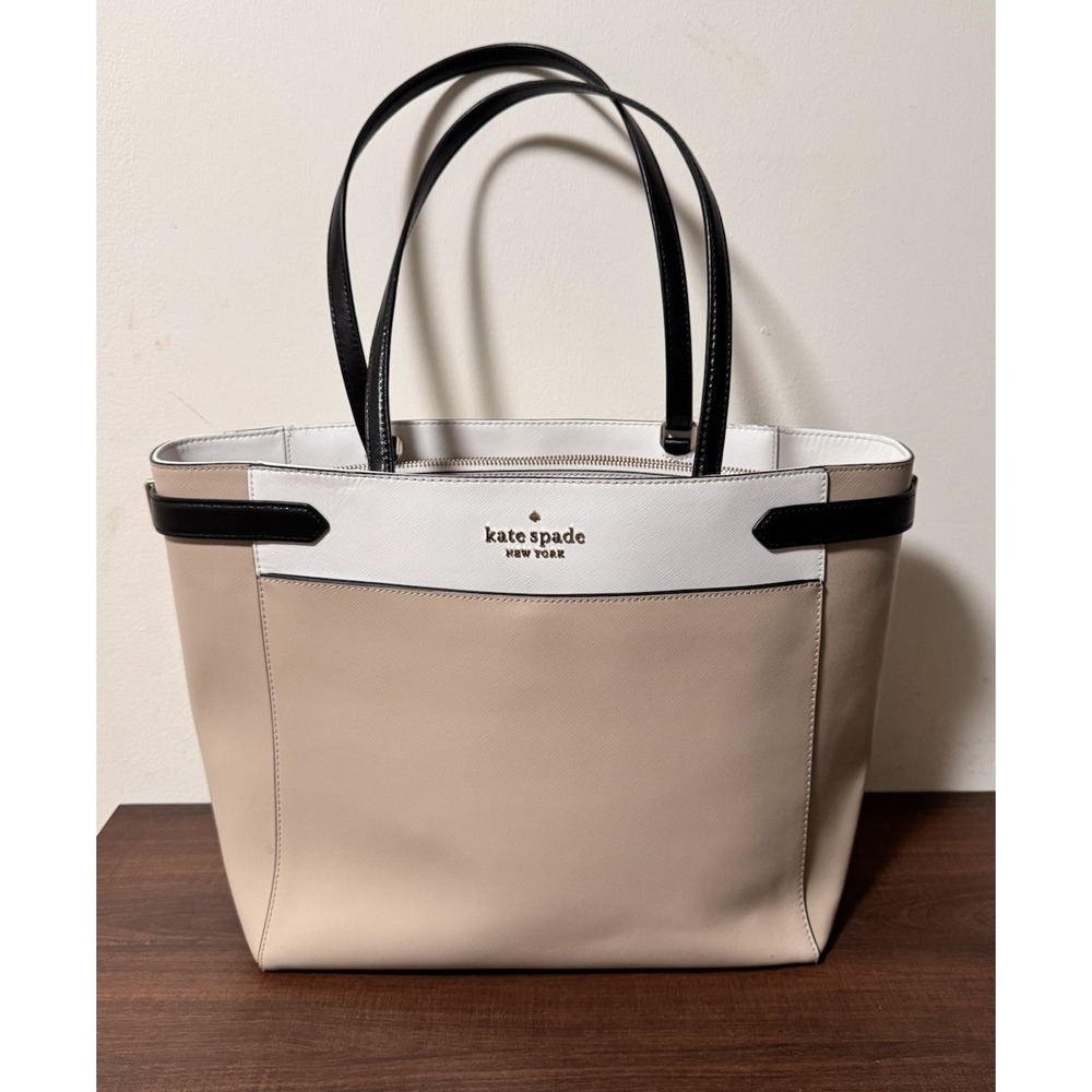Kate Spade STACI Large Saffiano Leather Business Tote Bag Laptop Beige EUC
